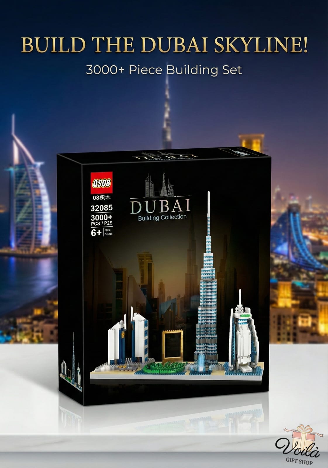 LEGO Dubai skyline building set packaging with city skyline in the background