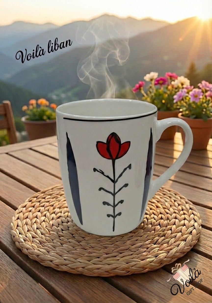 Steaming mug with floral design on a woven coaster, set against a scenic backdrop with mountains and flowers.
