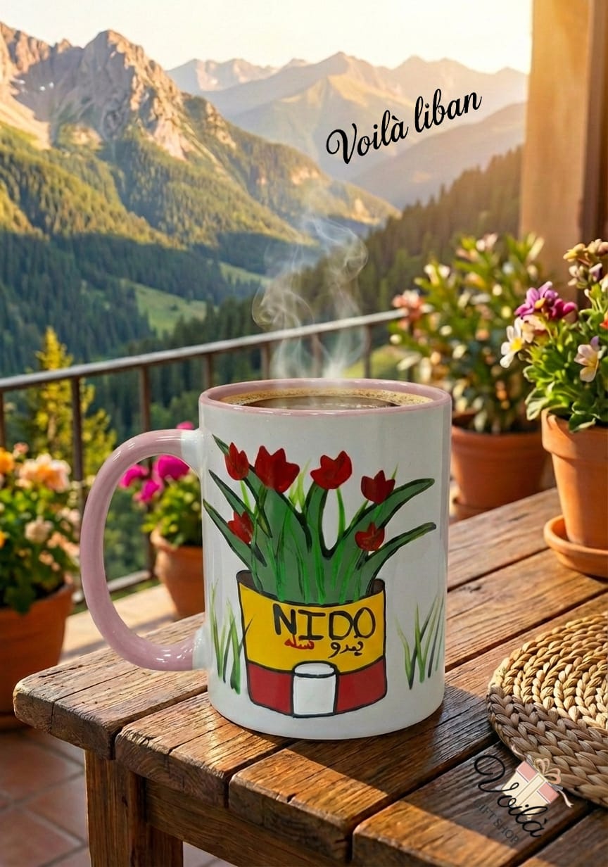 Mug with floral design on a wooden table with mountains in the background