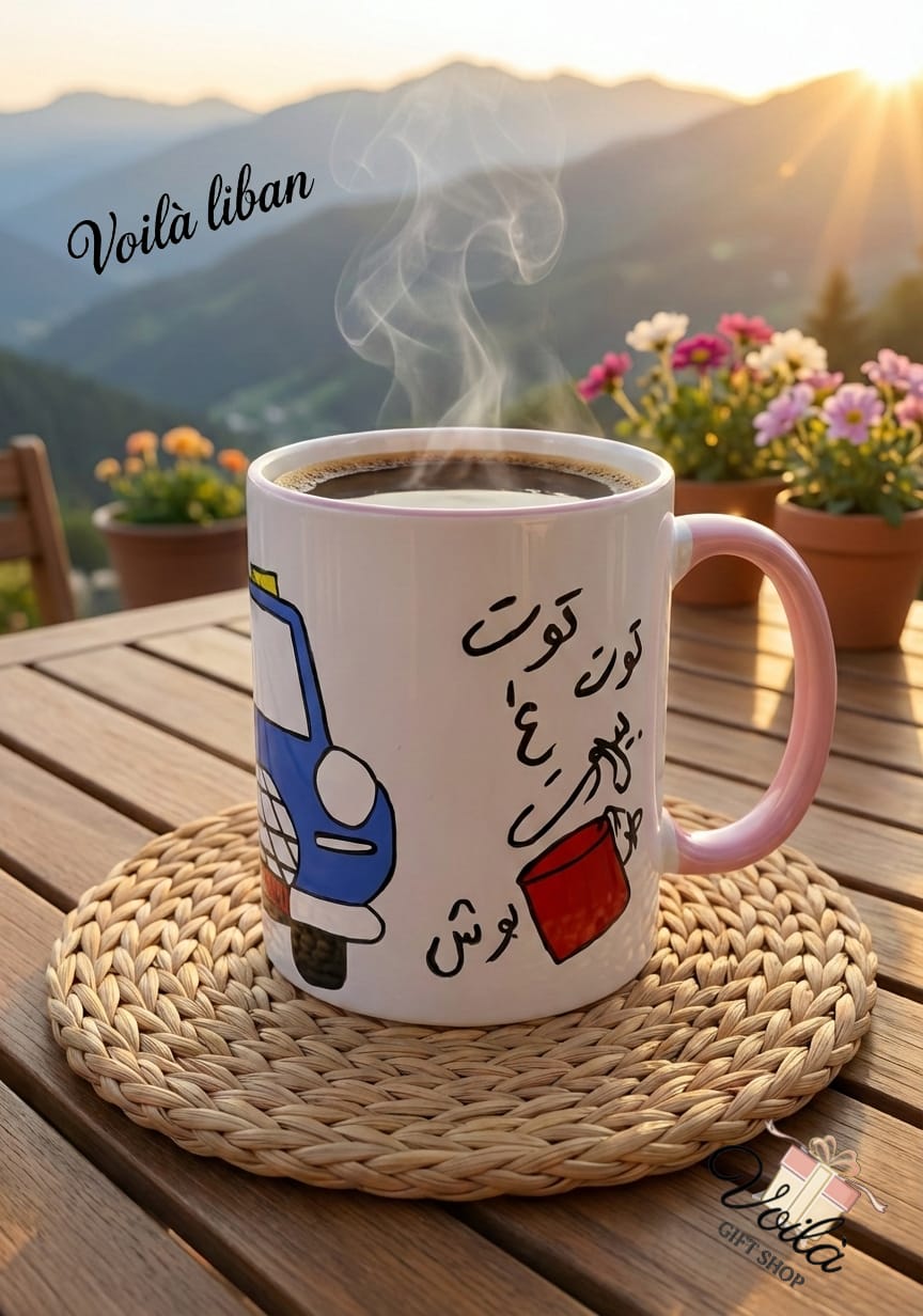 Steaming coffee mug with car design on a wooden table with mountains and flowers in the background.