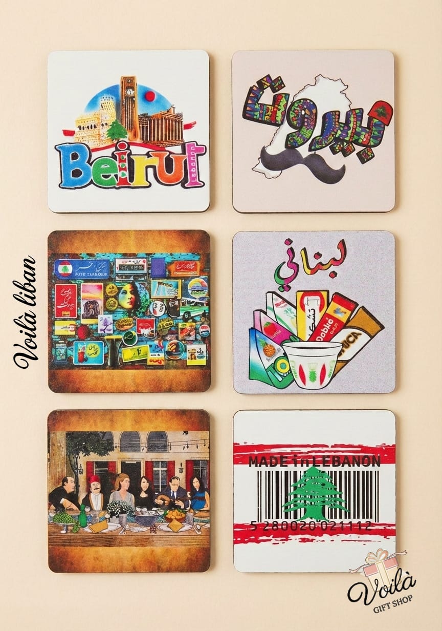 Traditional Lebanese Heritage Wooden Coaster Set | 6-Piece Square Gift Collection