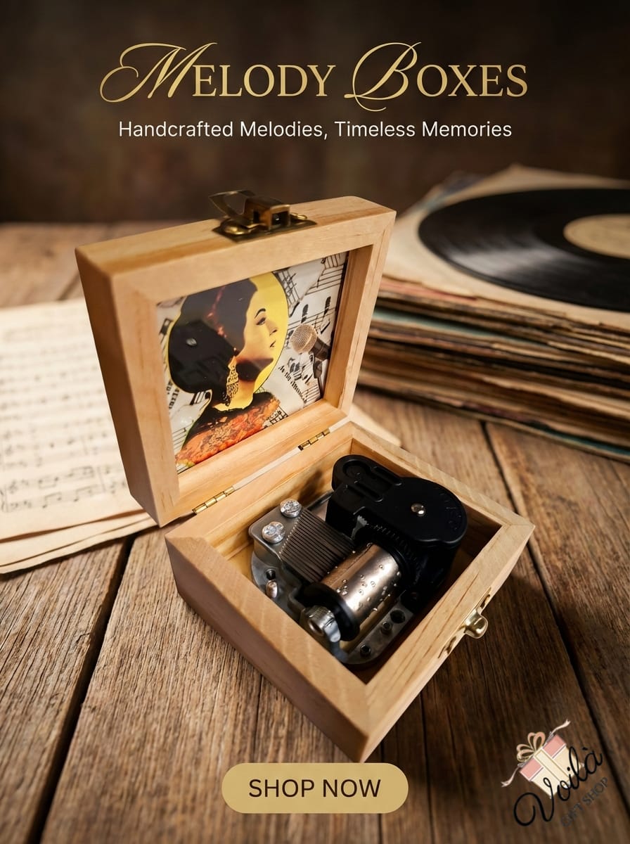 Wooden melody box with music scroll on a wooden surface, surrounded by vintage records and sheet music.