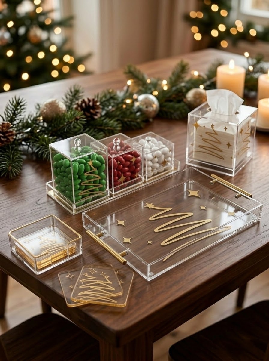 Festive acrylic Christmas hosting set with serving tray, candy jars, tissue box, and coasters