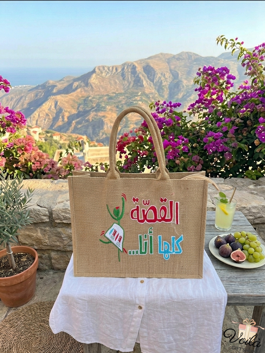 Al Qissa Kella Ana jute tote bag with Arabic calligraphy and embroidered design, set against a beautiful Lebanese mountain and sea landscape with bougainvillea flowers.