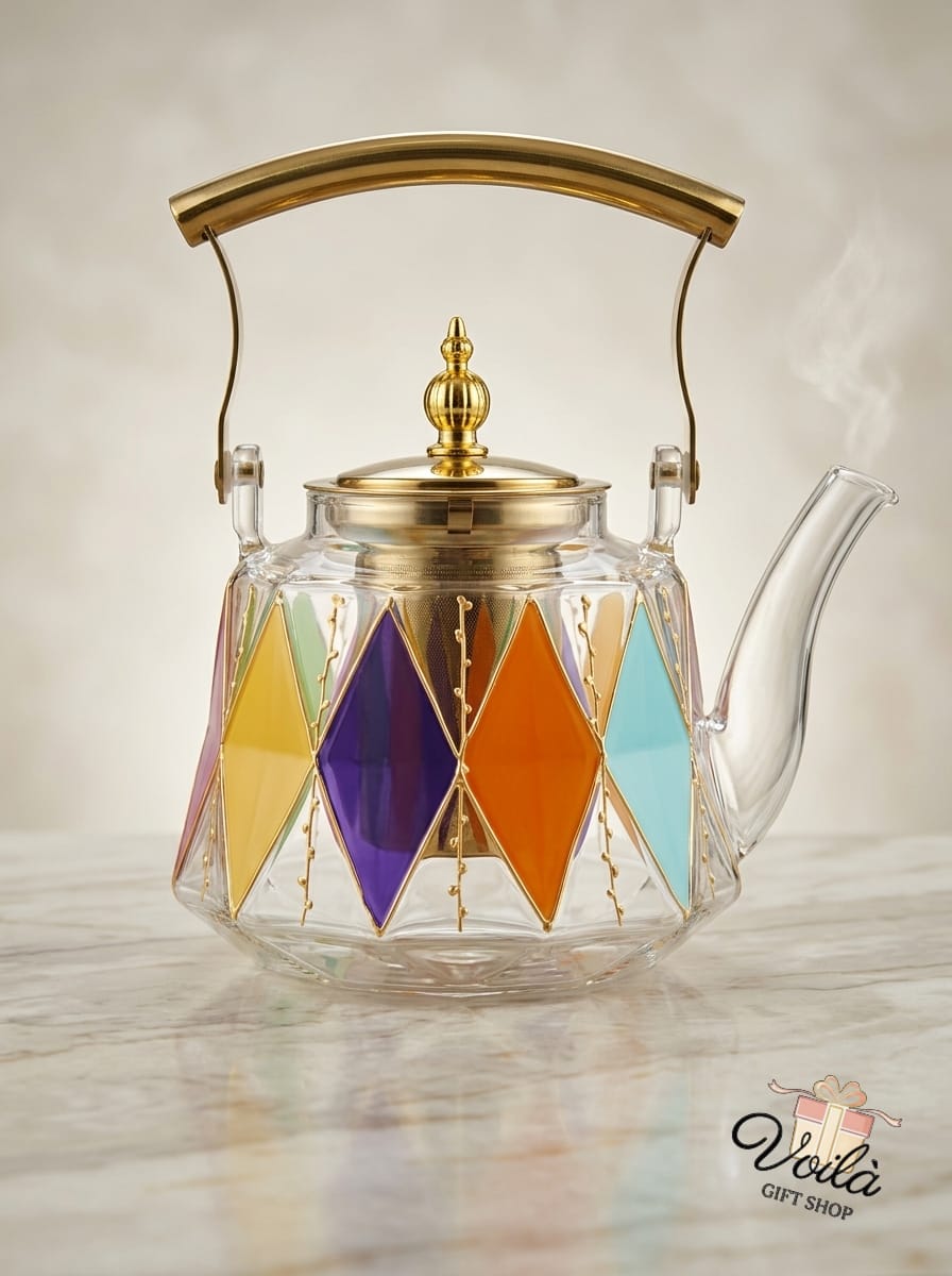 Luxury stained glass teapot with gold handle and colorful diamond patterns for Lebanese tea time