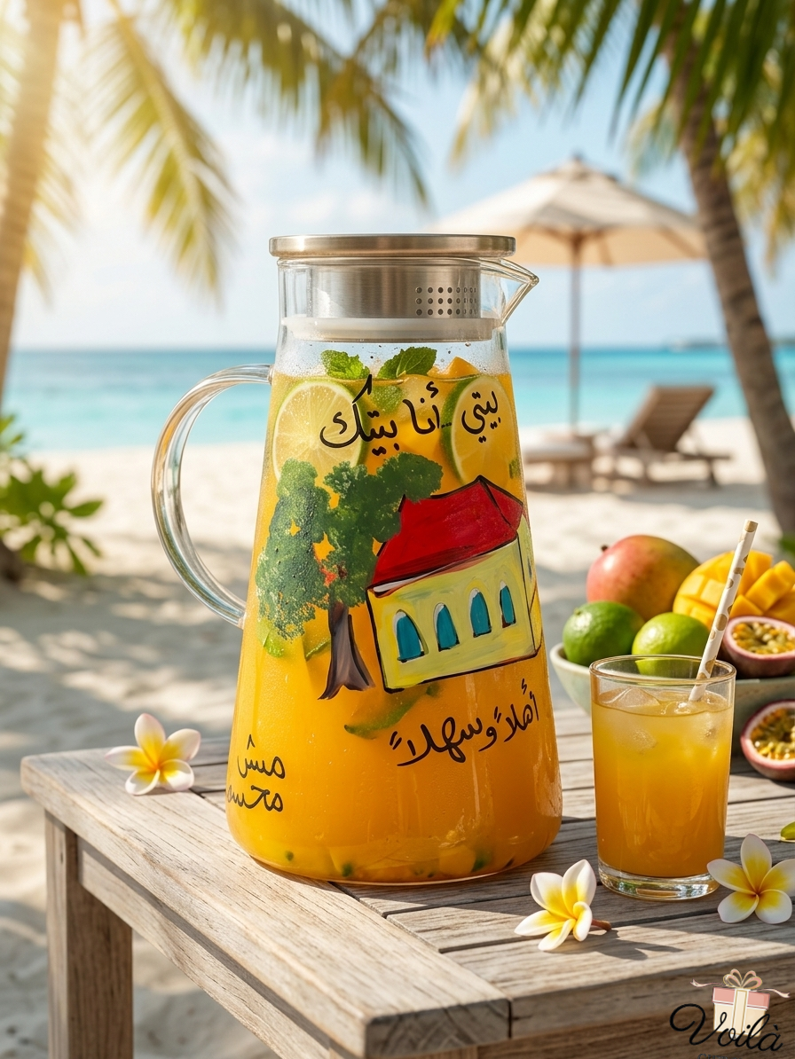 Hand-painted Lebanese glass pitcher with traditional red-roof house and Arabic calligraphy