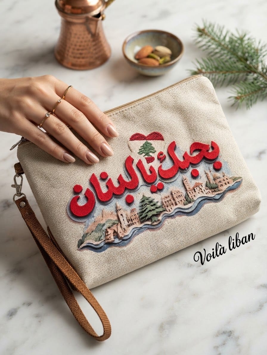 Bhebak Ya Libnan Embroidered Canvas Clutch with Wristlet Strap