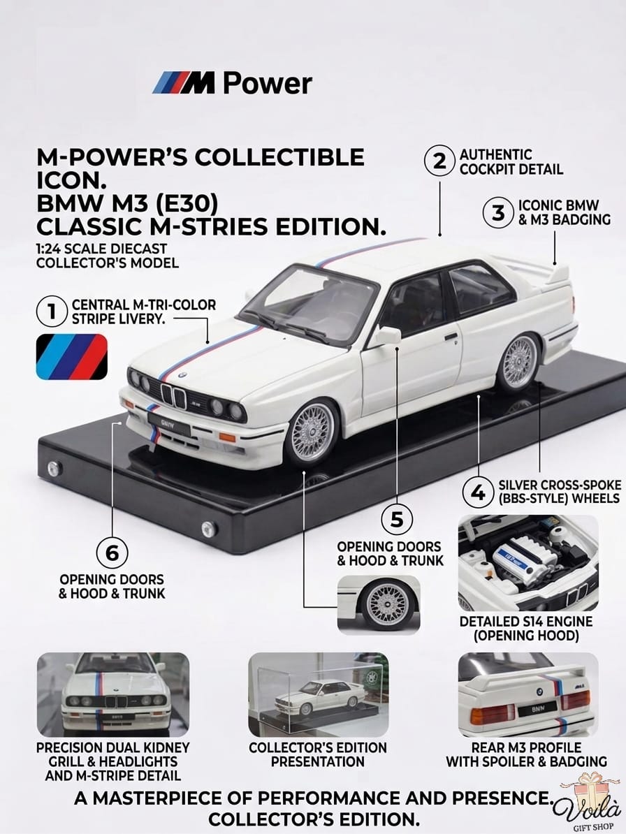 Model BMW M3 (E30) on a display stand with features highlighted, featuring BMW Power branding.