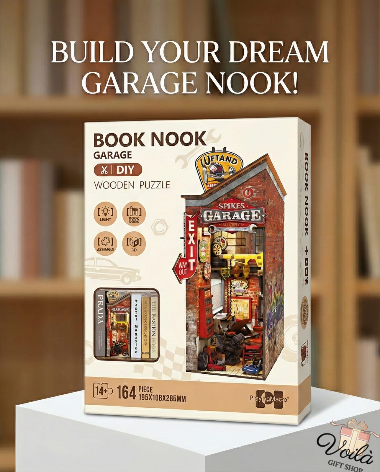 Book Nook Garage wooden puzzle packaging with a wooden shelf background