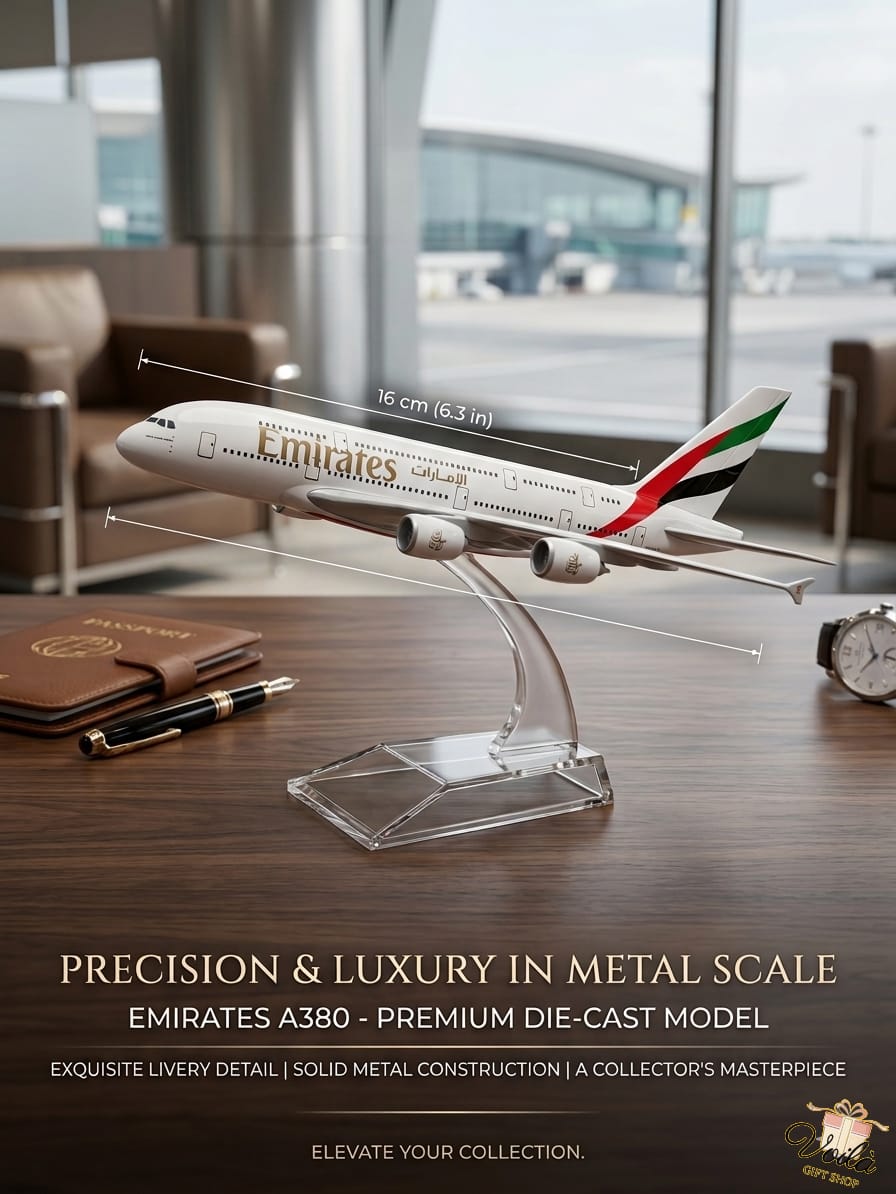 Emirates A380 model airplane on a stand with a background of an airport terminal.