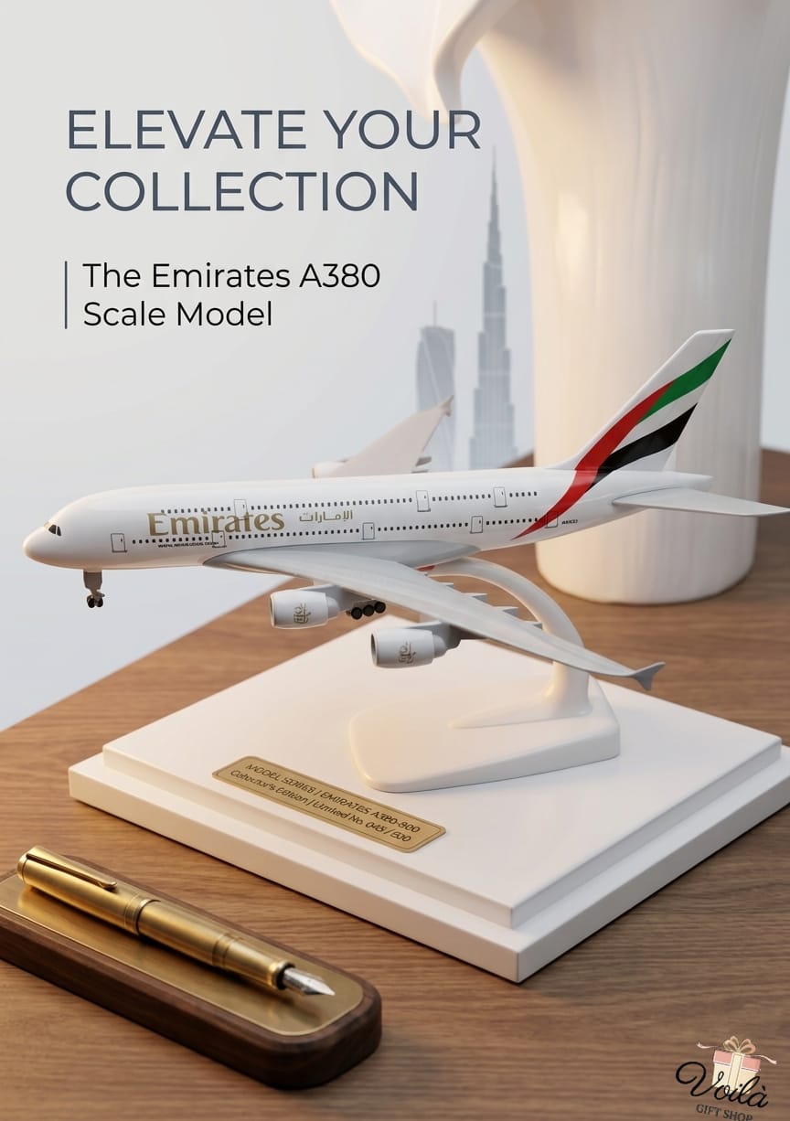 Emirates A380 scale model on a wooden base with a pen and decorative item in the background.