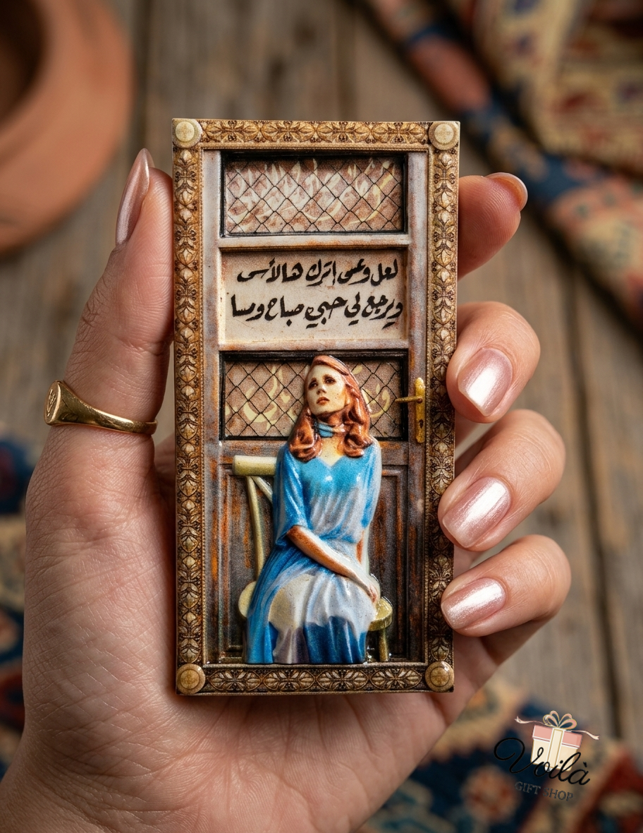 Hand holding a detailed 3D Lebanese door magnet featuring Fairuz and Arabic calligraphy
