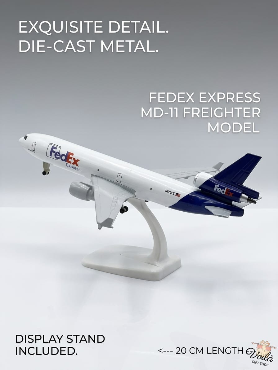 FedEx Express MD-11 Freighter model airplane on a gray background with text highlighting features.