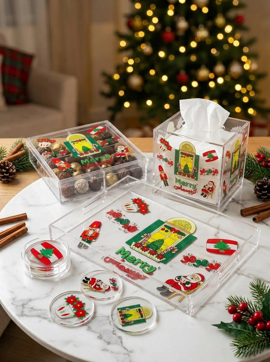 Festive Christmas clear acrylic tray, tissue box, sweets box, and coasters set