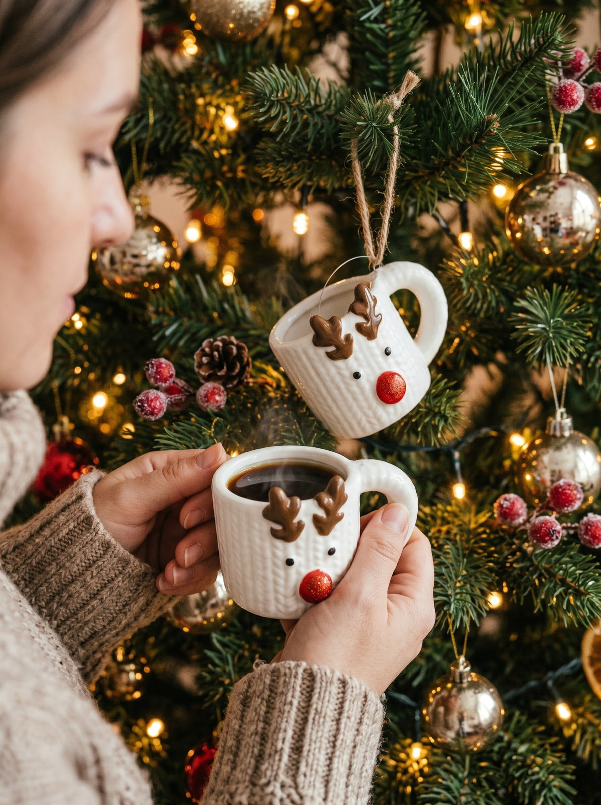 Festive ceramic reindeer espresso cups used as Christmas tree ornaments and coffee mugs