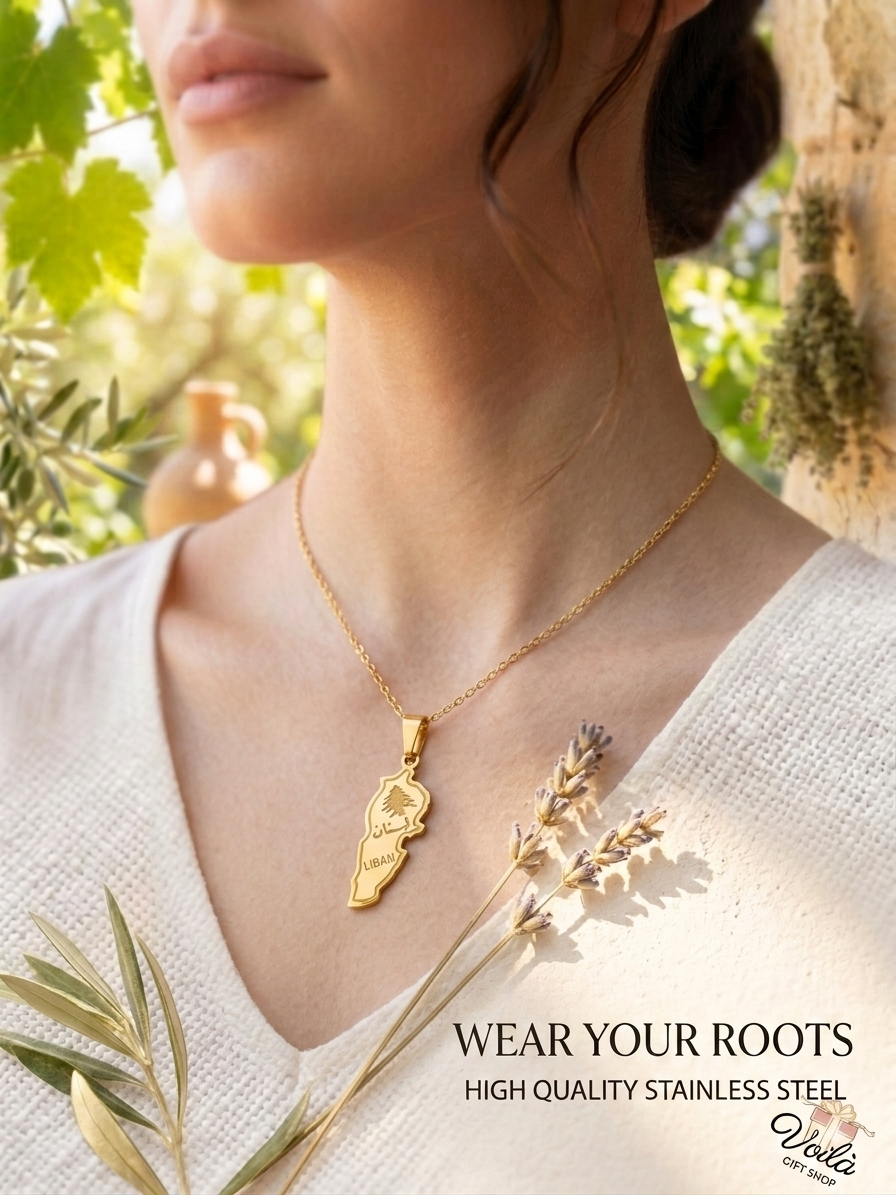 Gold plated Lebanon map necklace featuring the Cedar tree and Arabic calligraphy