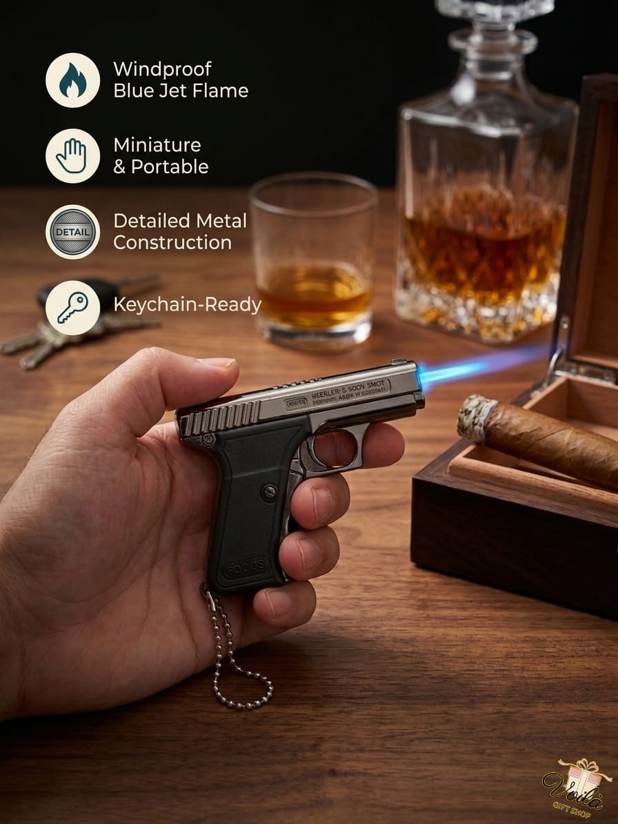 Hand holding a gun-shaped lighter with blue flame, surrounded by a glass of whiskey and a cigar on a wooden table.