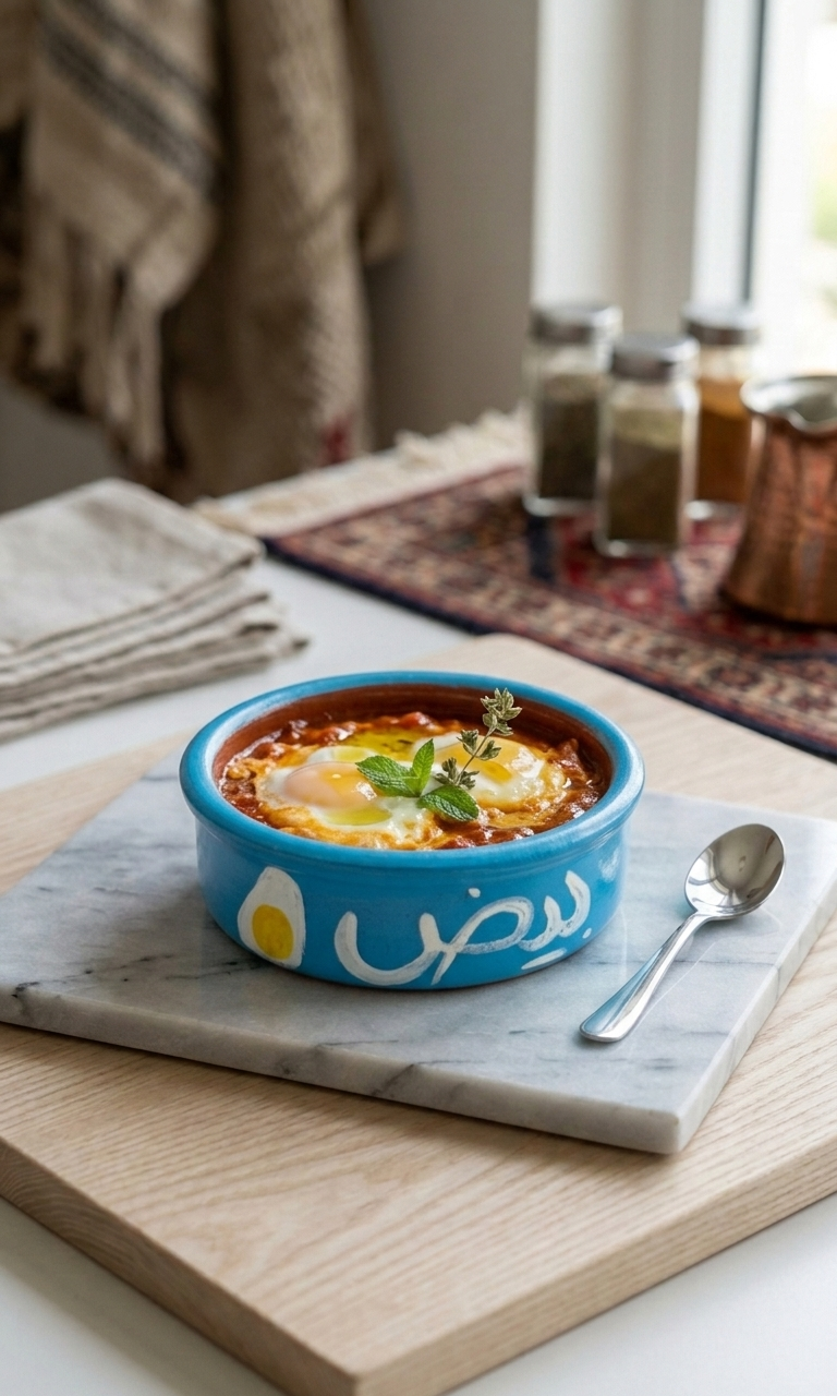 Hand-painted blue ceramic egg bowl with Arabic calligraphy on a marble board