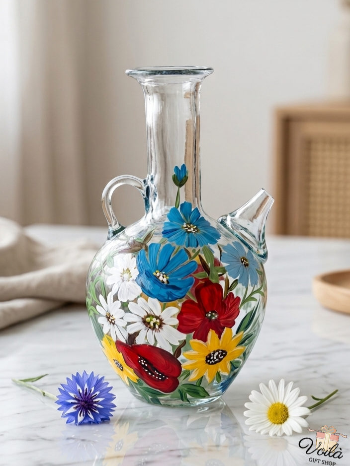 Traditional hand-painted Lebanese glass Ibrik water pitcher with colorful floral designs