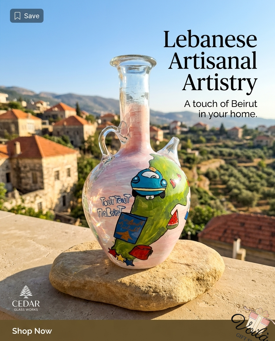 Hand-painted Lebanese glass ibriq water jug with Beirut motifs