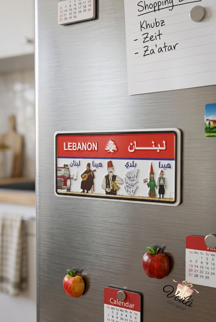Nostalgic Lebanese heritage fridge magnet featuring traditional cultural illustrations
