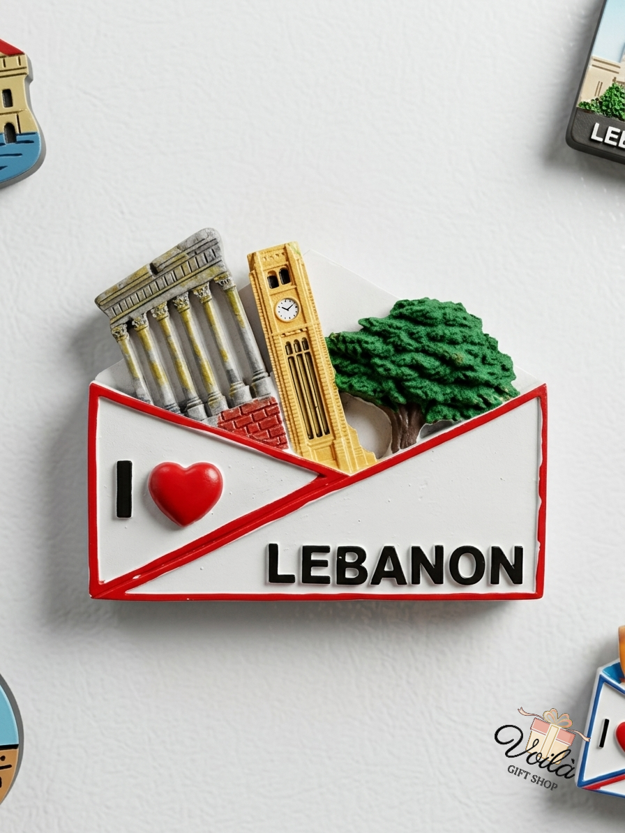 I Love Lebanon 3D envelope fridge magnet featuring Baalbek, Beirut clock tower, and Cedar tree