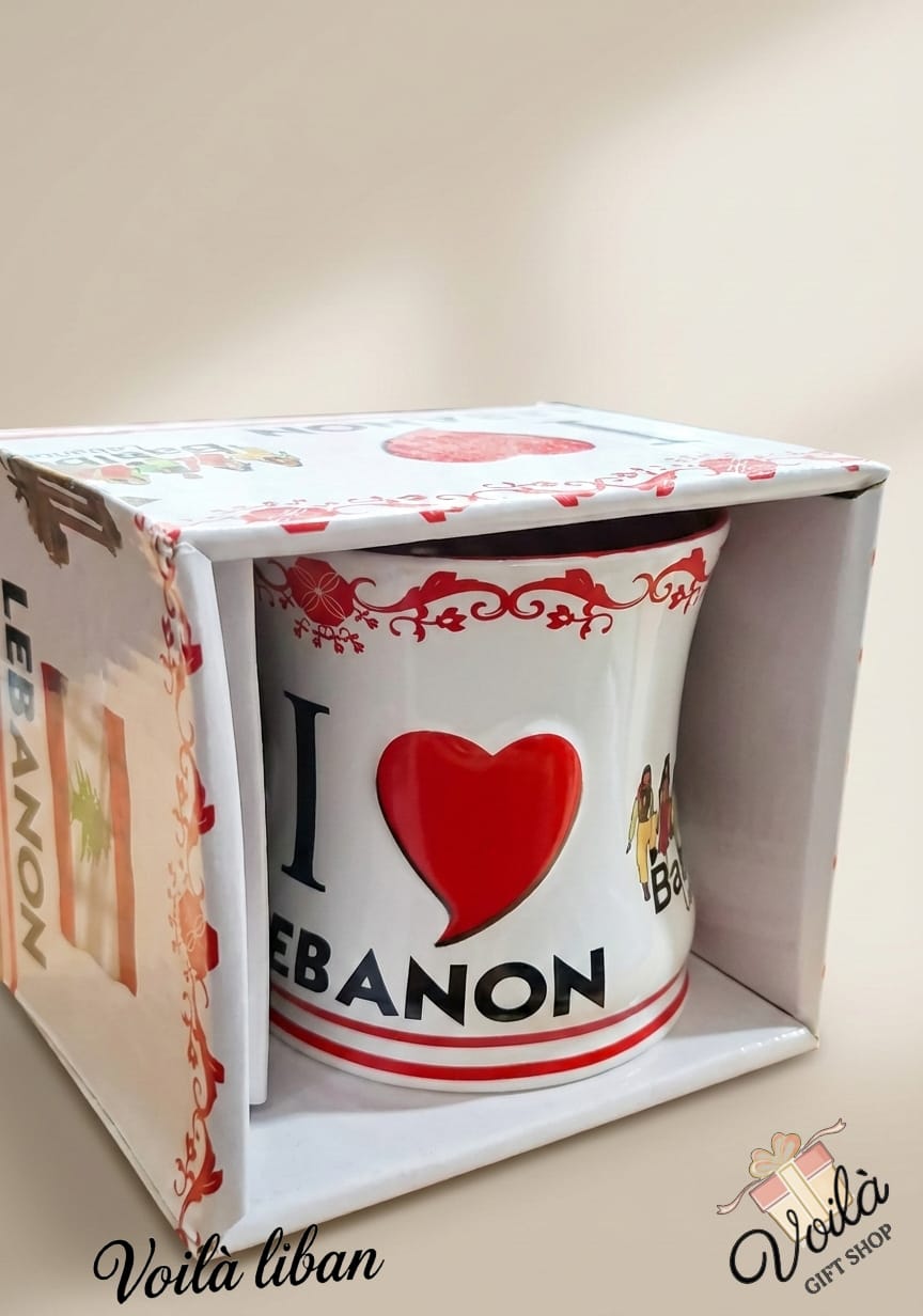 Mug with 'I ❤️ Lebanon' design in a box with 'Voila Liban' branding.