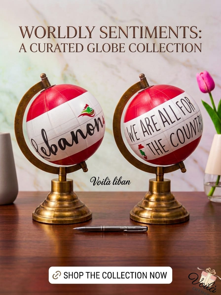 Bold red and white decorative globe featuring the Lebanese flag and 'We are all for the country' typography, resting on a heavy brass and copper stand.