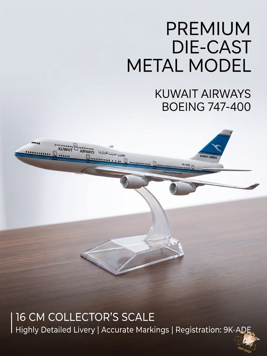 Model airplane of Kuwait Airways Boeing 747-400 on a stand with text about its features.