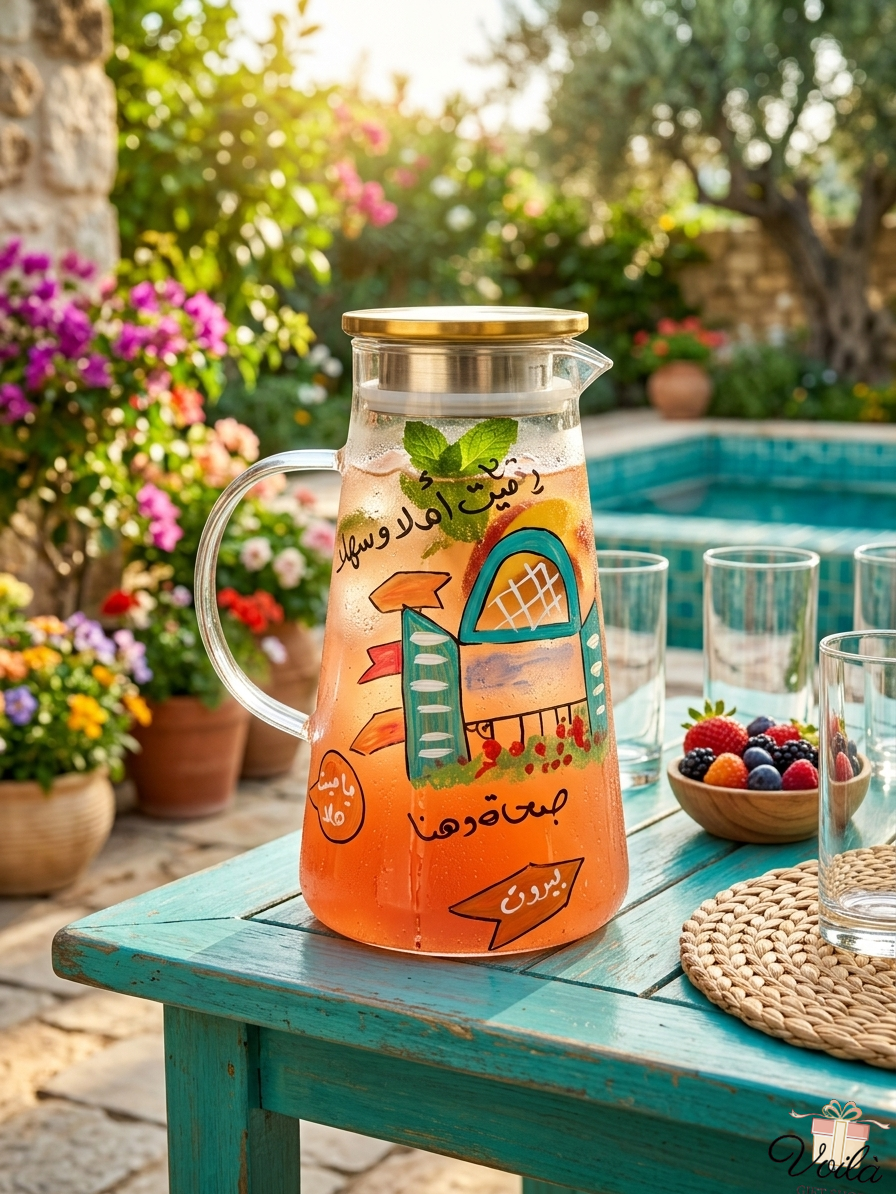 Hand-painted Lebanese glass pitcher featuring traditional Beirut house motifs and Arabic calligraphy on an outdoor table