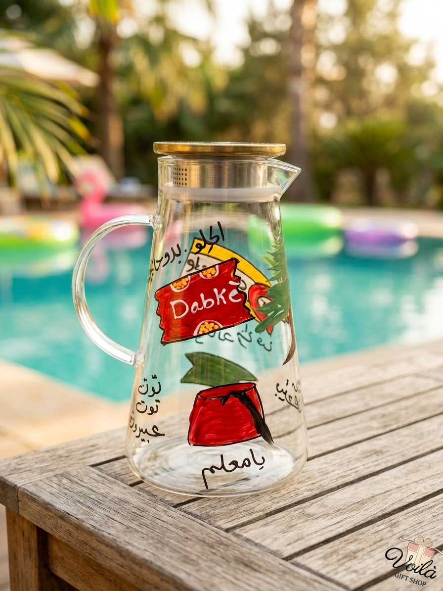 Hand-painted Lebanese glass pitcher with Dabke and Tarboush illustrations