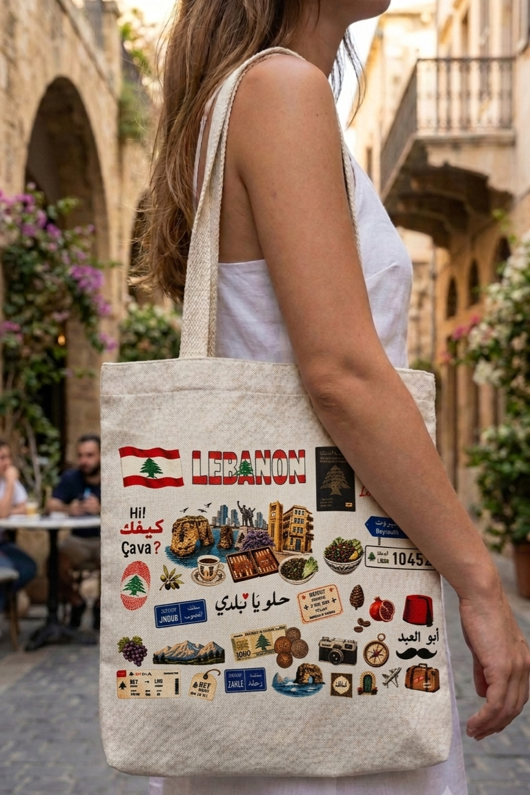 A woman carrying a canvas tote bag decorated with colorful Lebanese cultural icons and landmarks in a historic street.