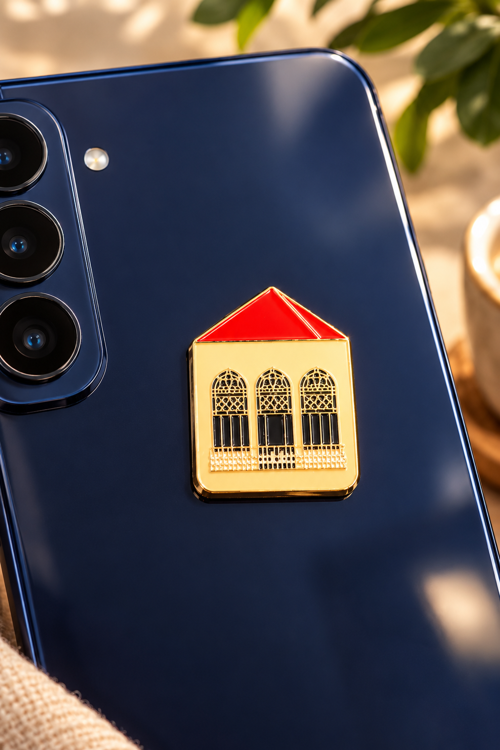 Traditional Lebanese red roof house enamel phone grip attached to a smartphone
