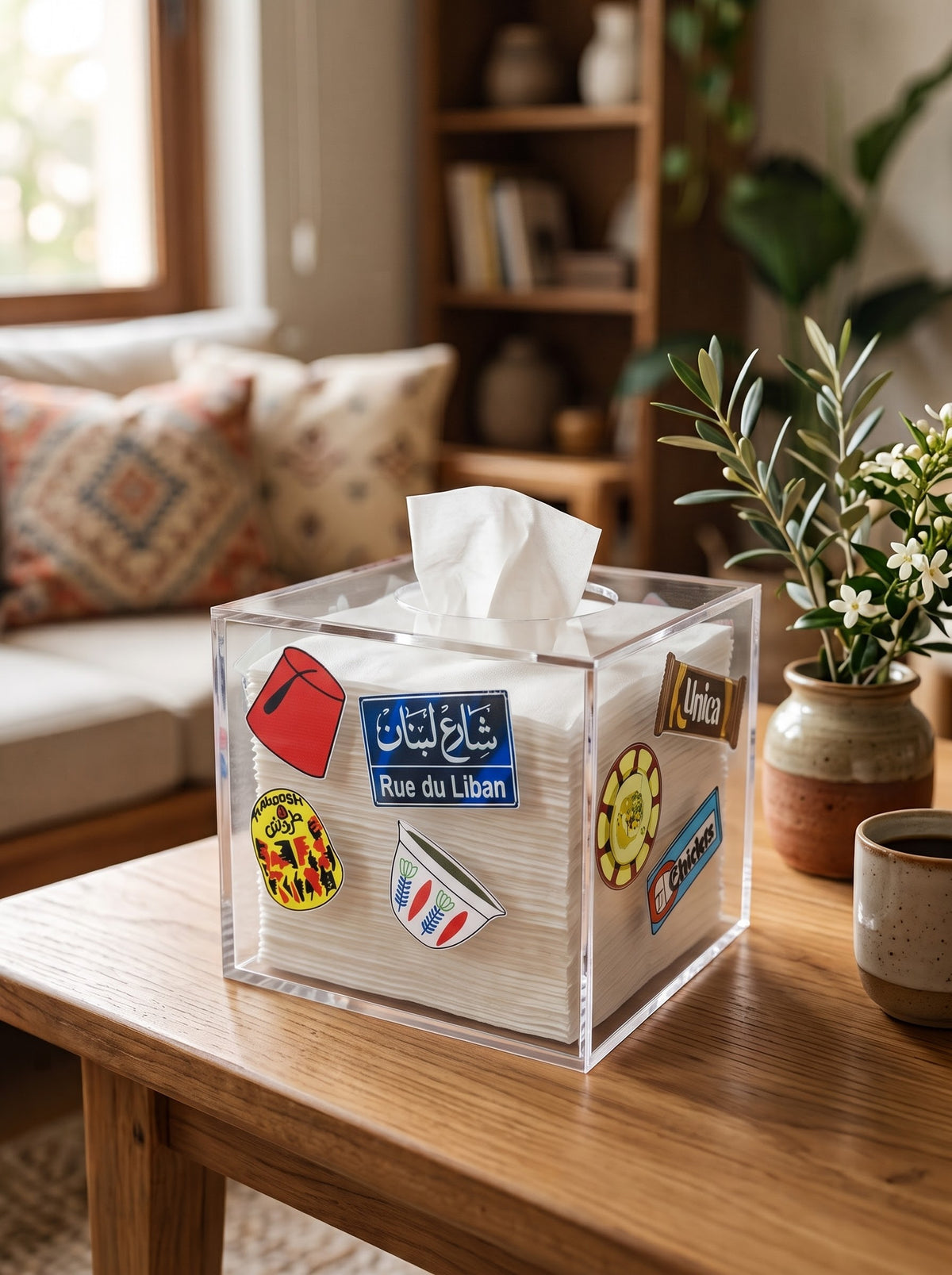 Lebanese nostalgia acrylic tissue box cover with Beirut street signs and vintage snack graphics