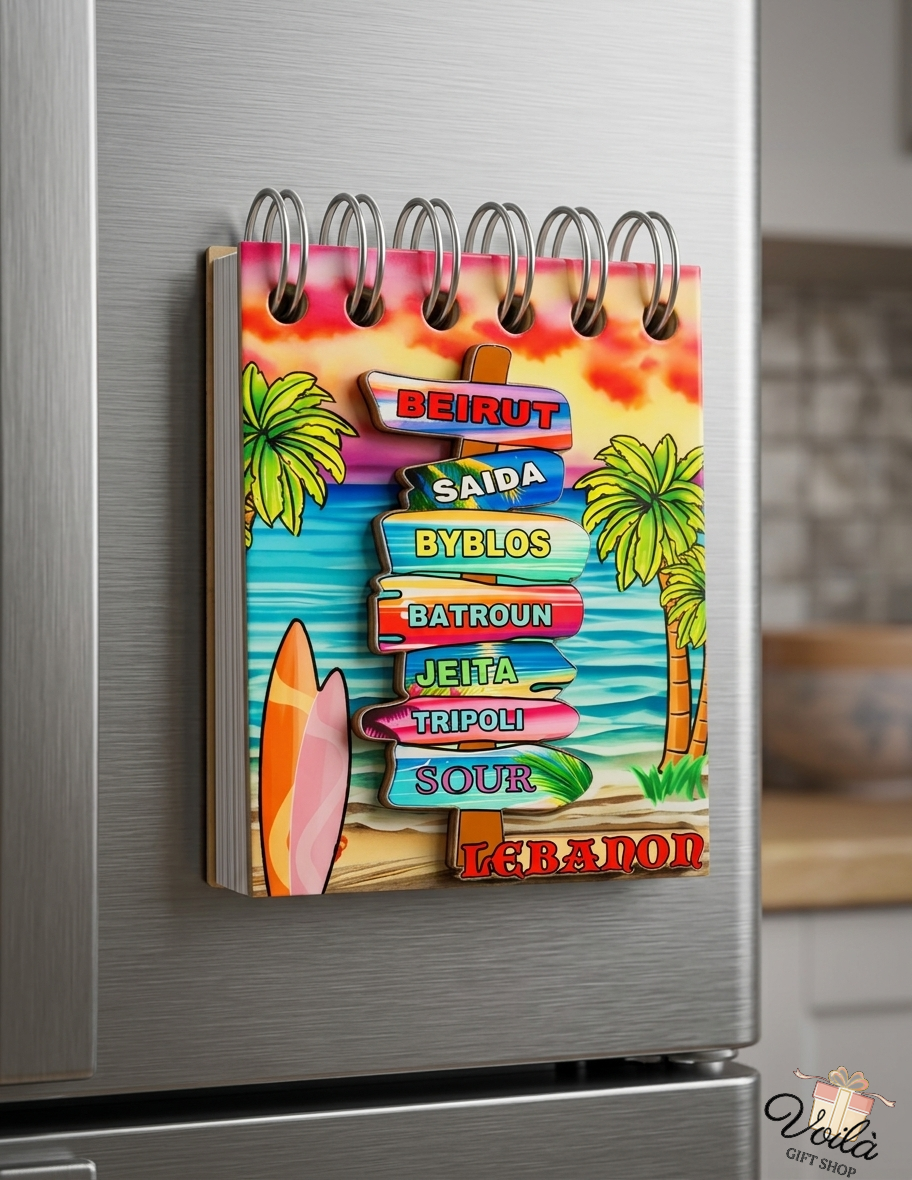 Lebanon coastal cities magnetic fridge notepad with beach signpost design