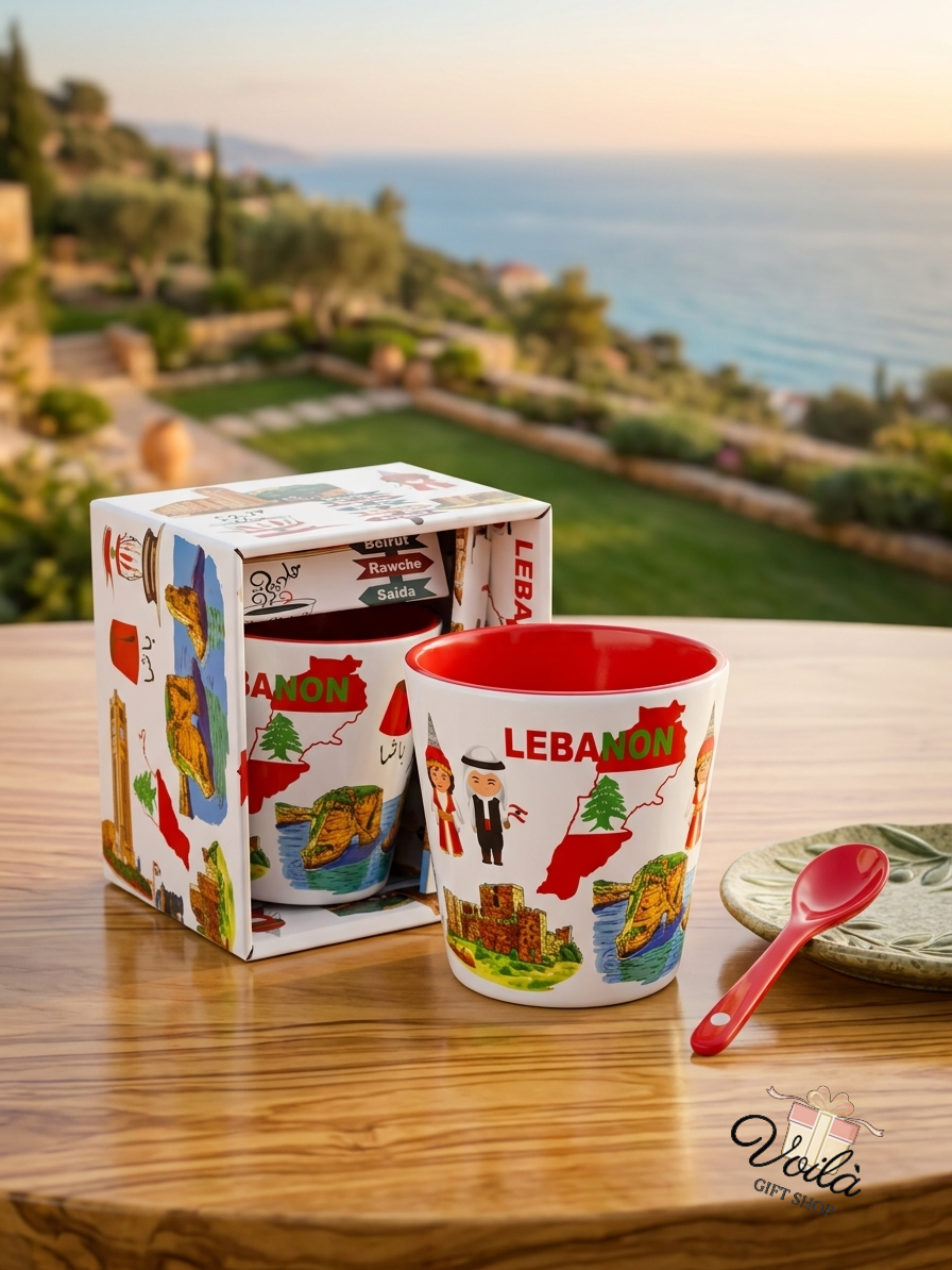 Lebanon Heritage Ceramic Mug and Spoon Gift Set with Souvenir Box