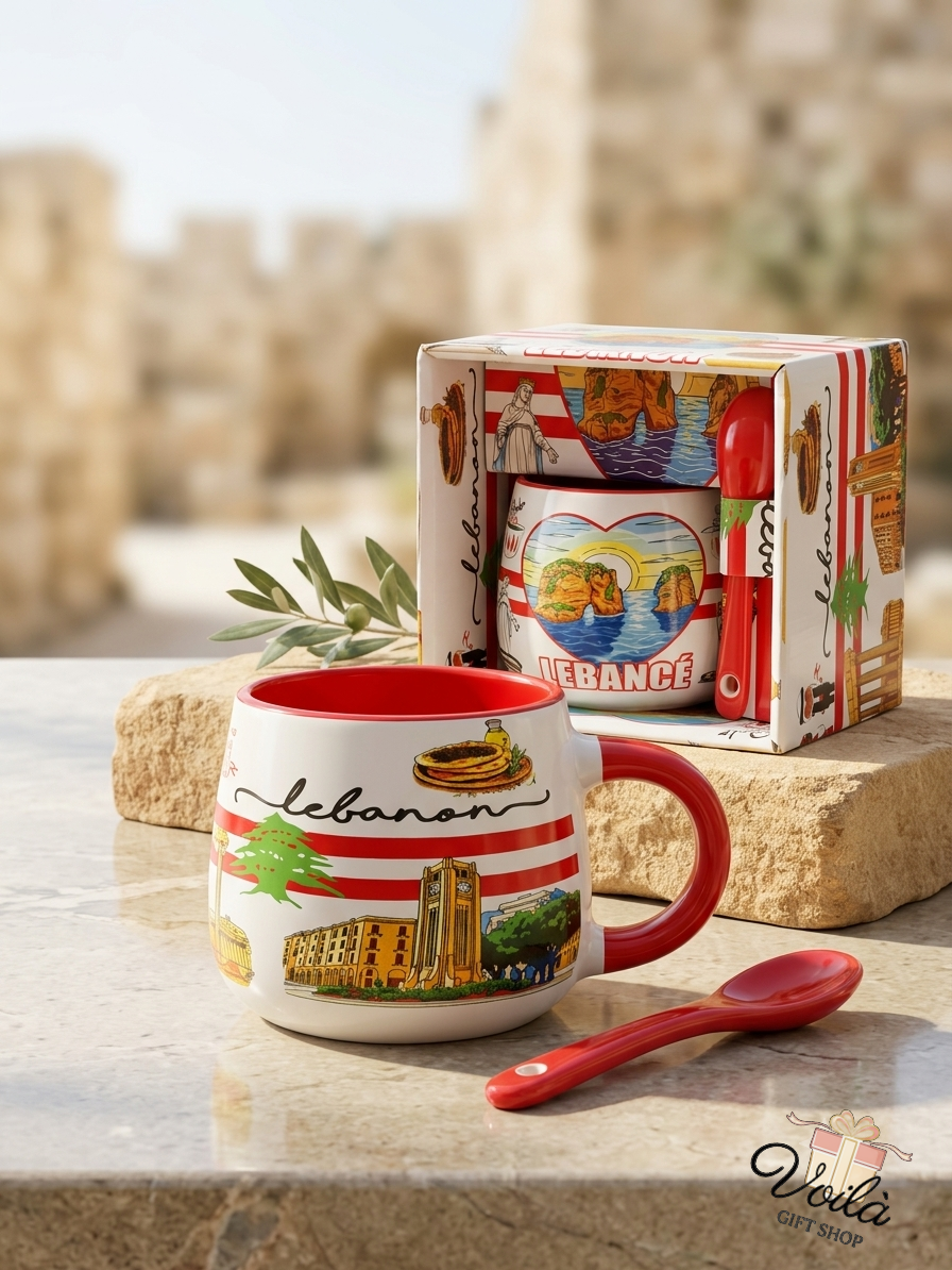 Lebanon heritage ceramic mug and spoon set with iconic landmarks illustration