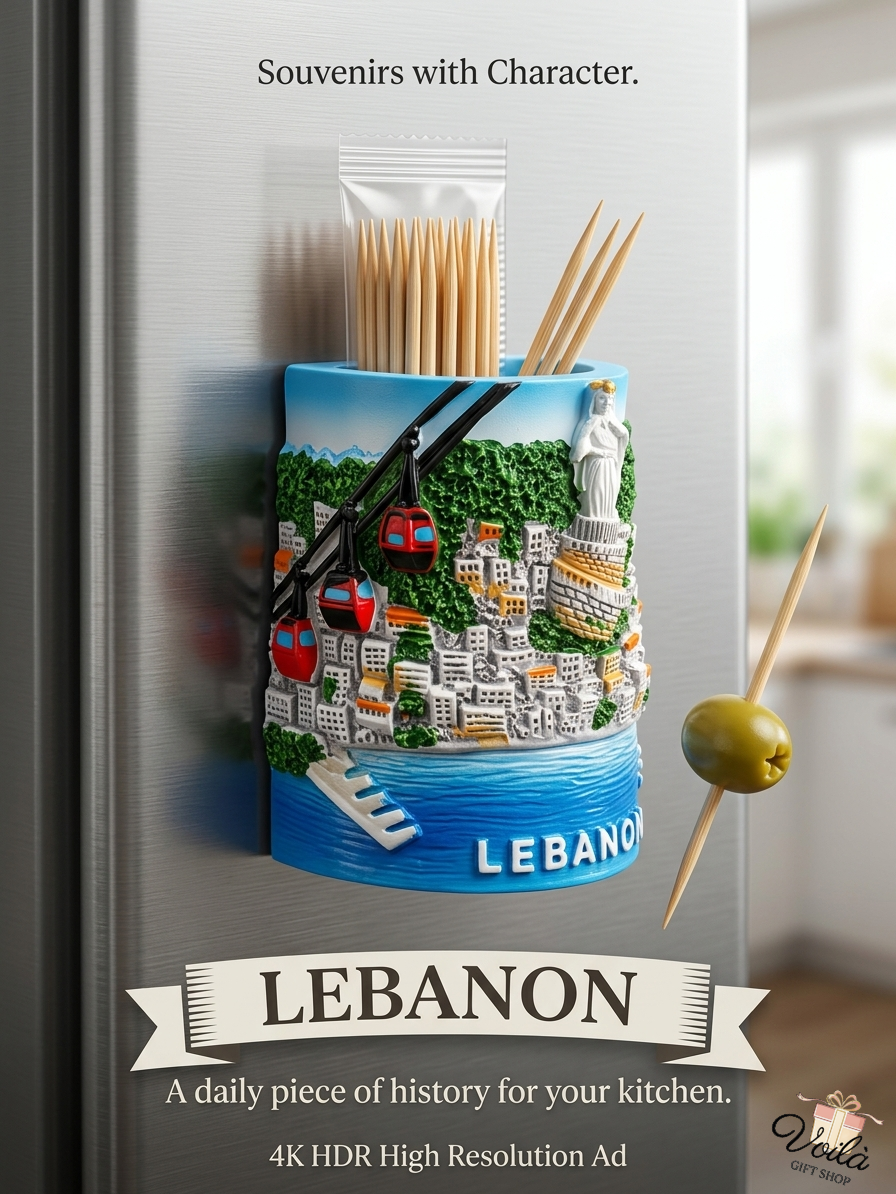 3D magnetic toothpick holder featuring Lebanon's Harissa and Teleferique on a refrigerator