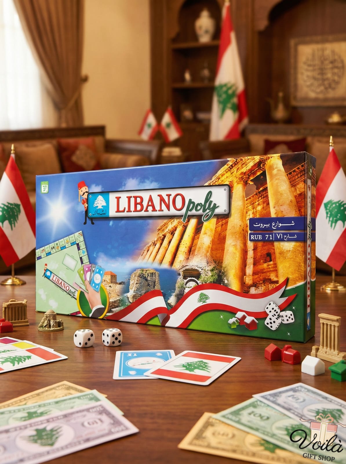 Libano poly board game box on a table with Lebanese flags in the background