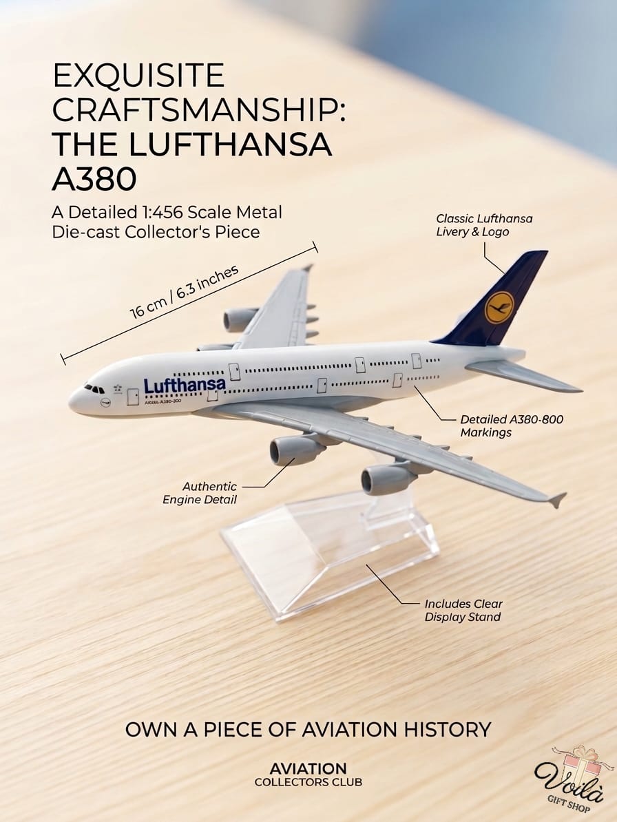 Lufthansa A380 model airplane on a wooden surface with text highlighting features.