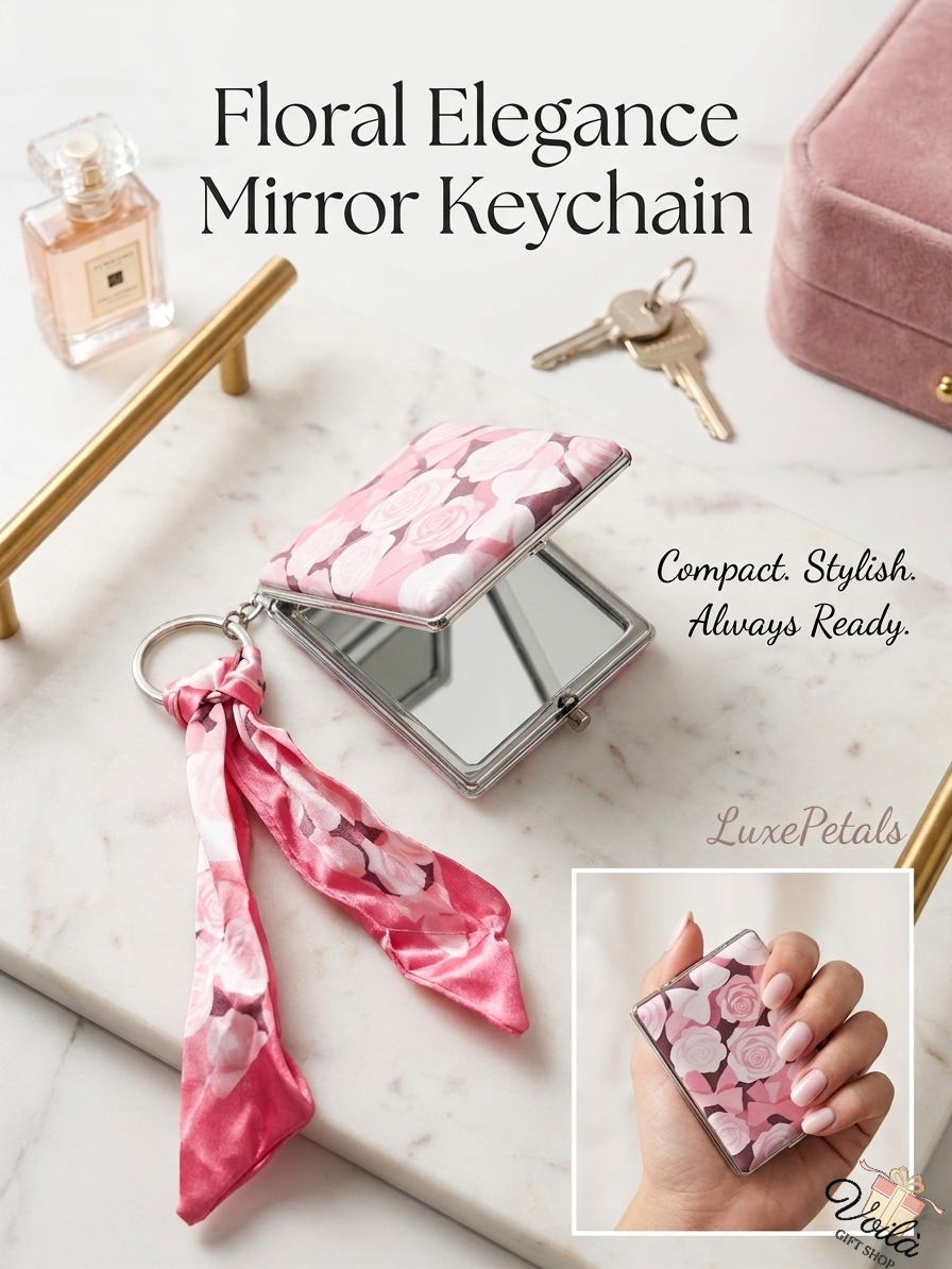 LuxePetals Floral Elegance Mirror Keychain with pink satin ribbon