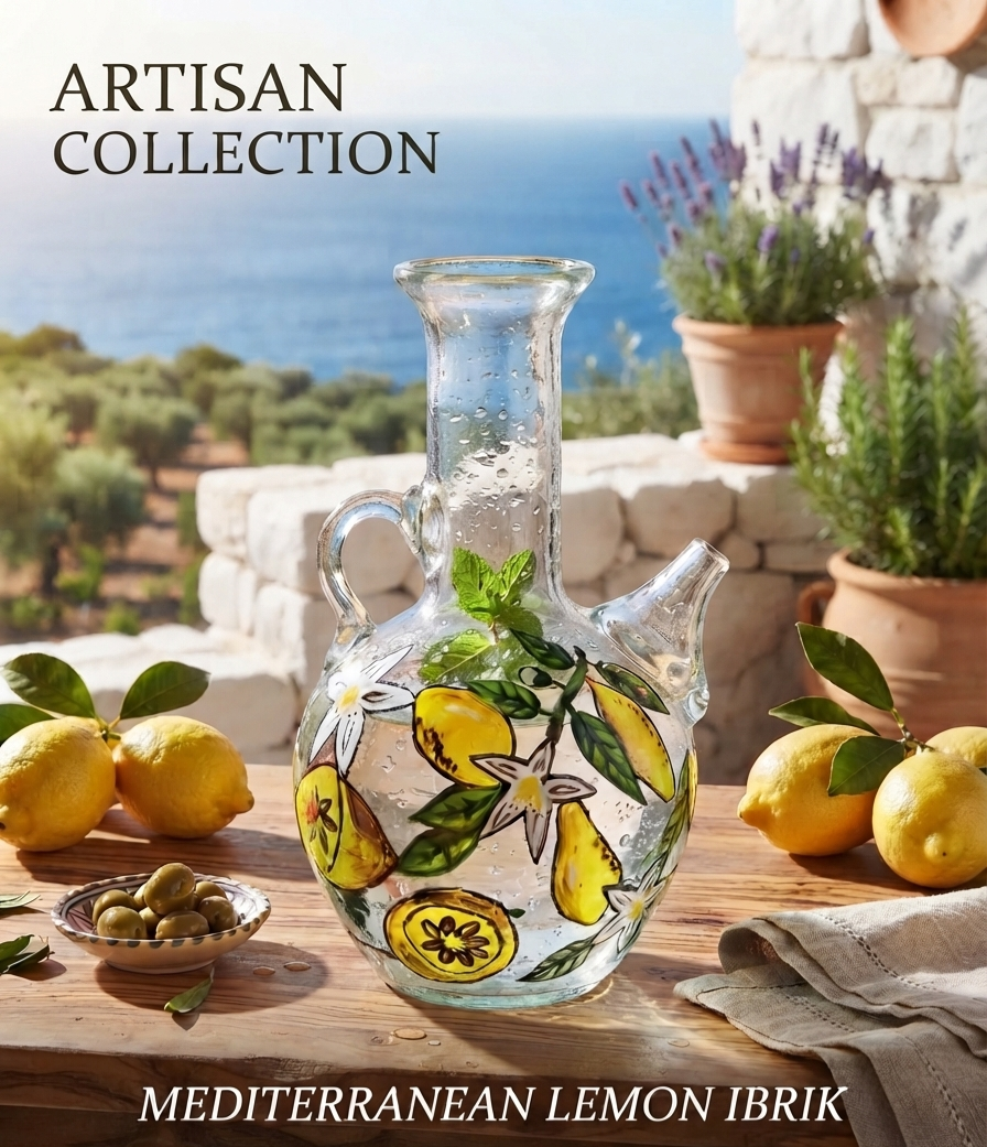 Hand-painted glass Mediterranean lemon ibrik on a rustic wooden table with fresh lemons