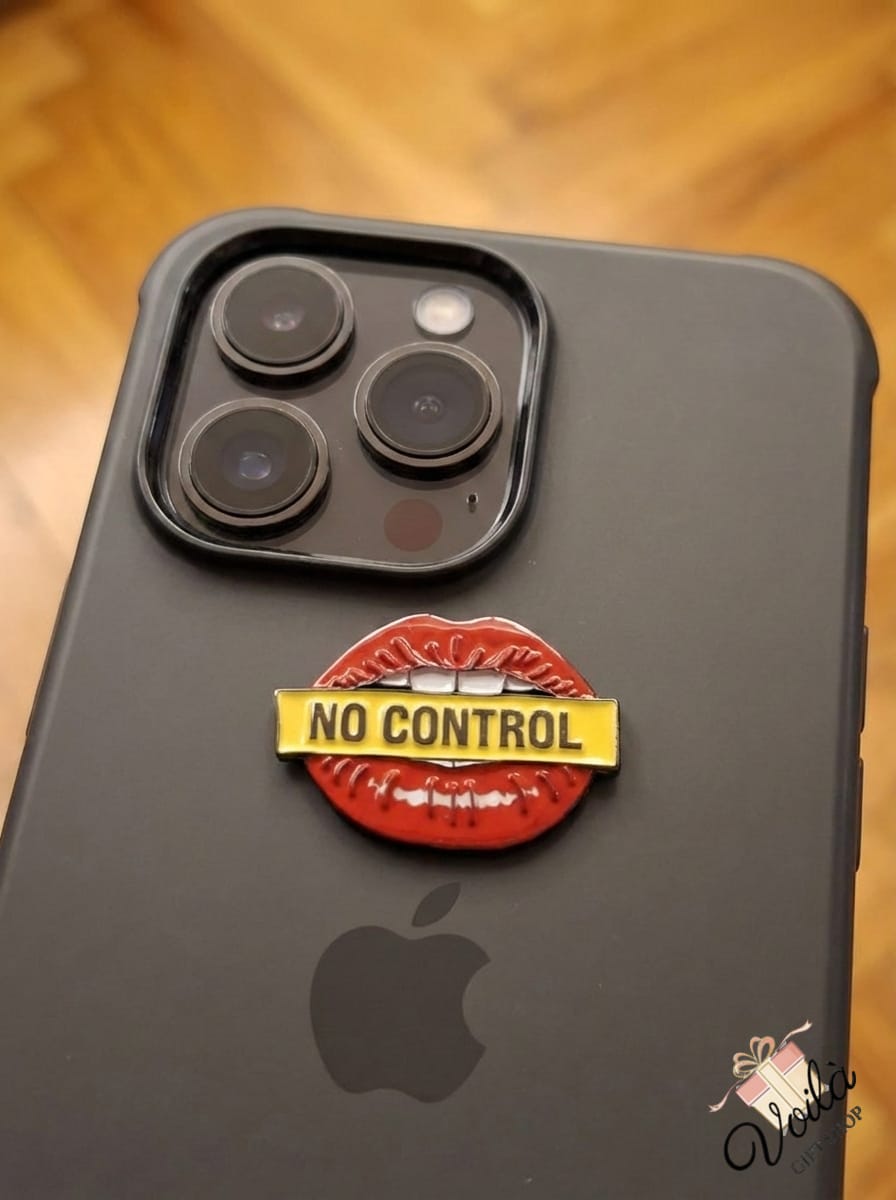 Phone case with a 'No Control' lip design on an Apple phone