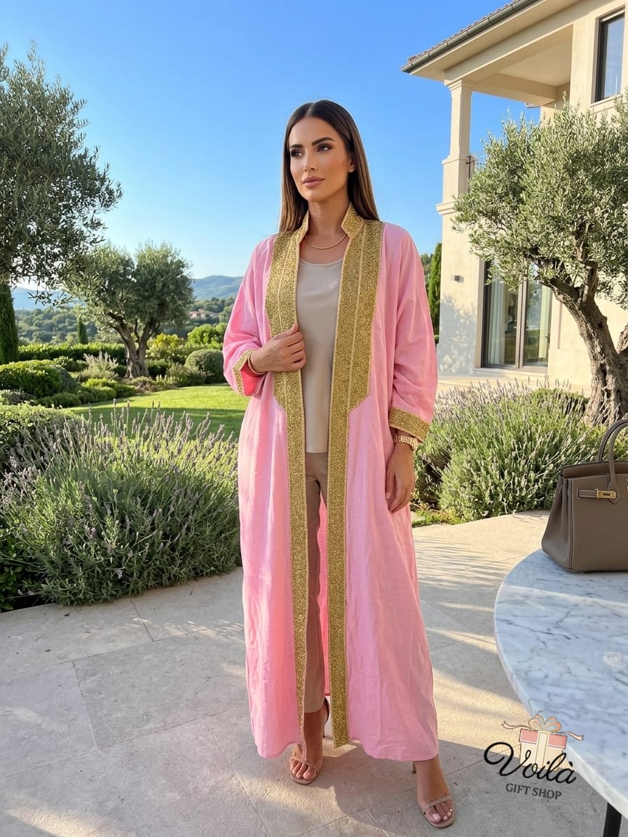 Elegant pink abaya with gold embroidery for gift delivery to Lebanon
