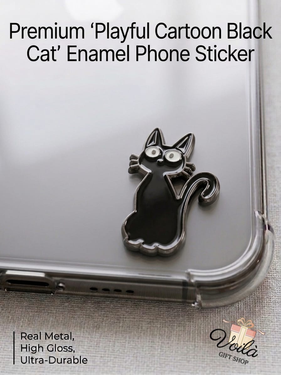 Premium playful cartoon black cat enamel phone sticker on a clear phone case