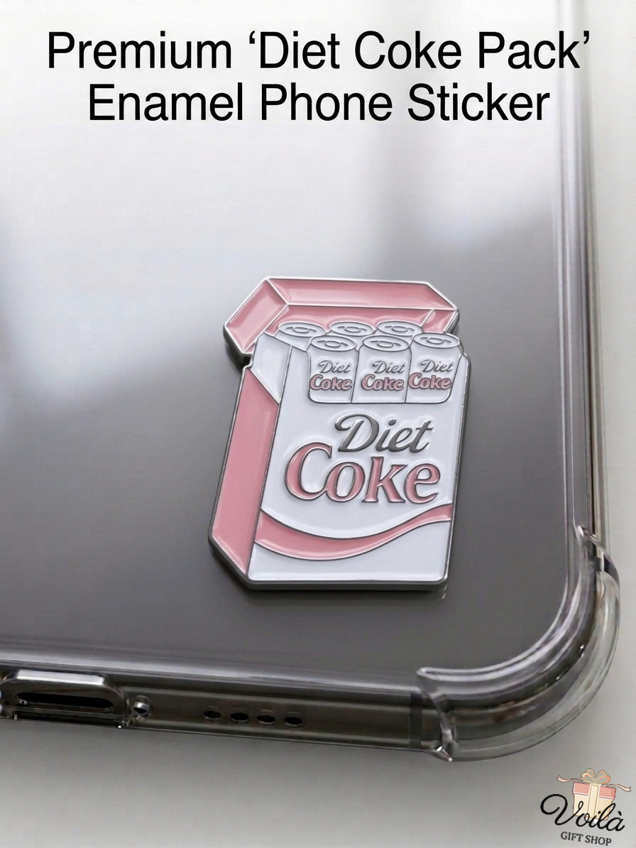 Premium pink Diet Coke enamel phone sticker on a clear phone case