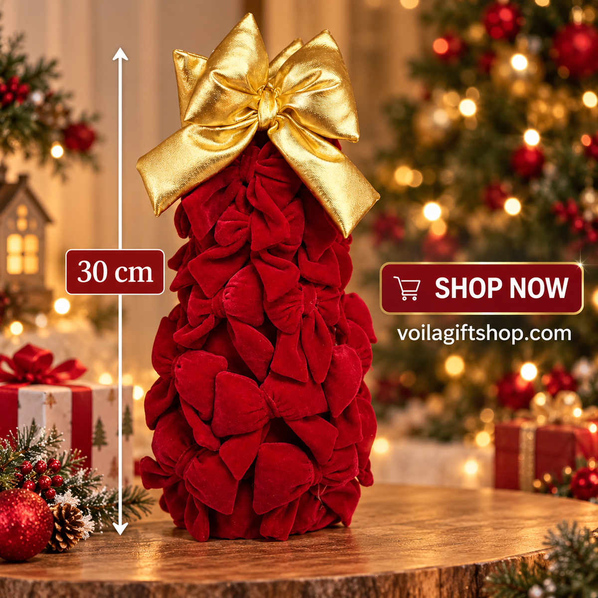 30cm red velvet bow tabletop Christmas tree topped with a shiny gold bow