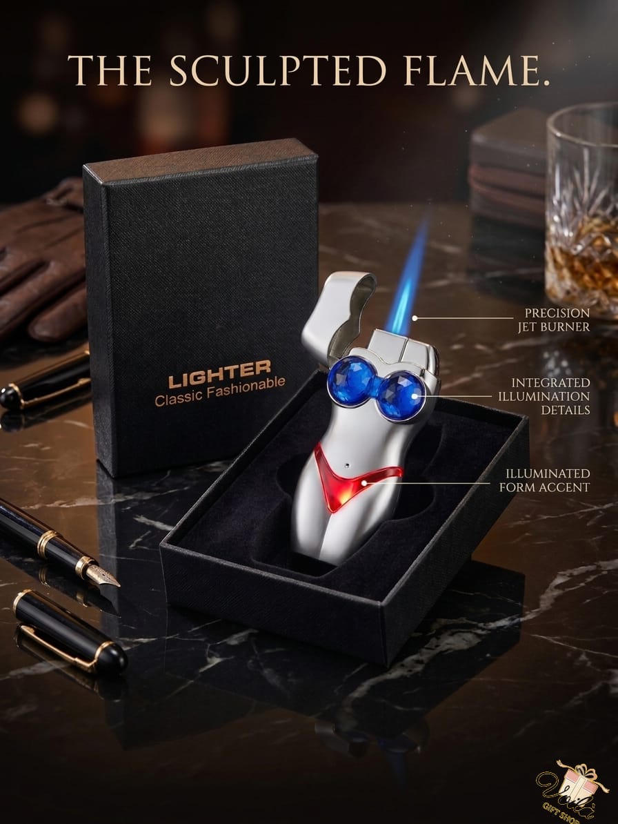 Lighter with illuminated design in a black box on a dark surface