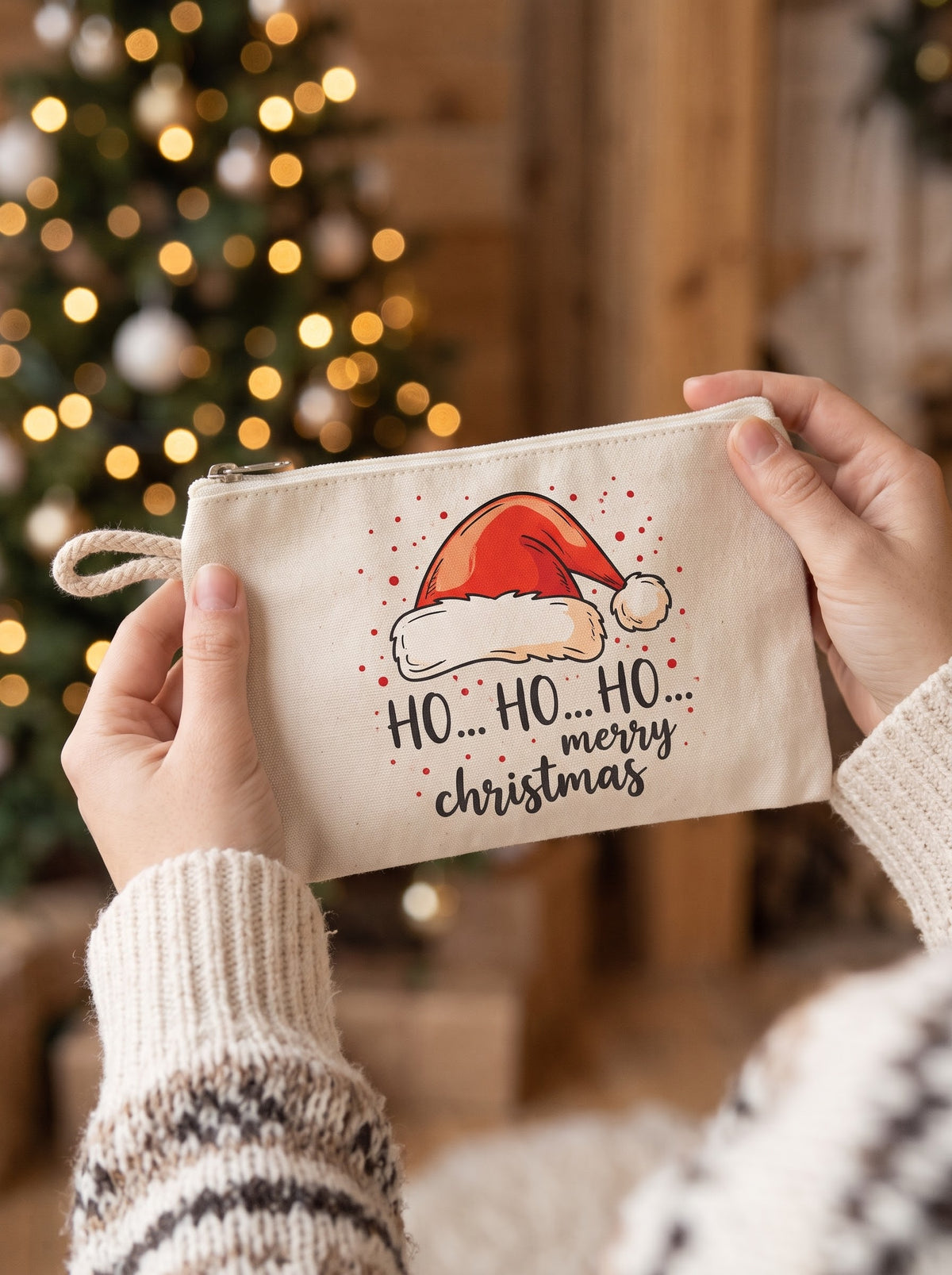 Festive Ho Ho Ho Merry Christmas canvas pouch held in hands for Secret Santa gift