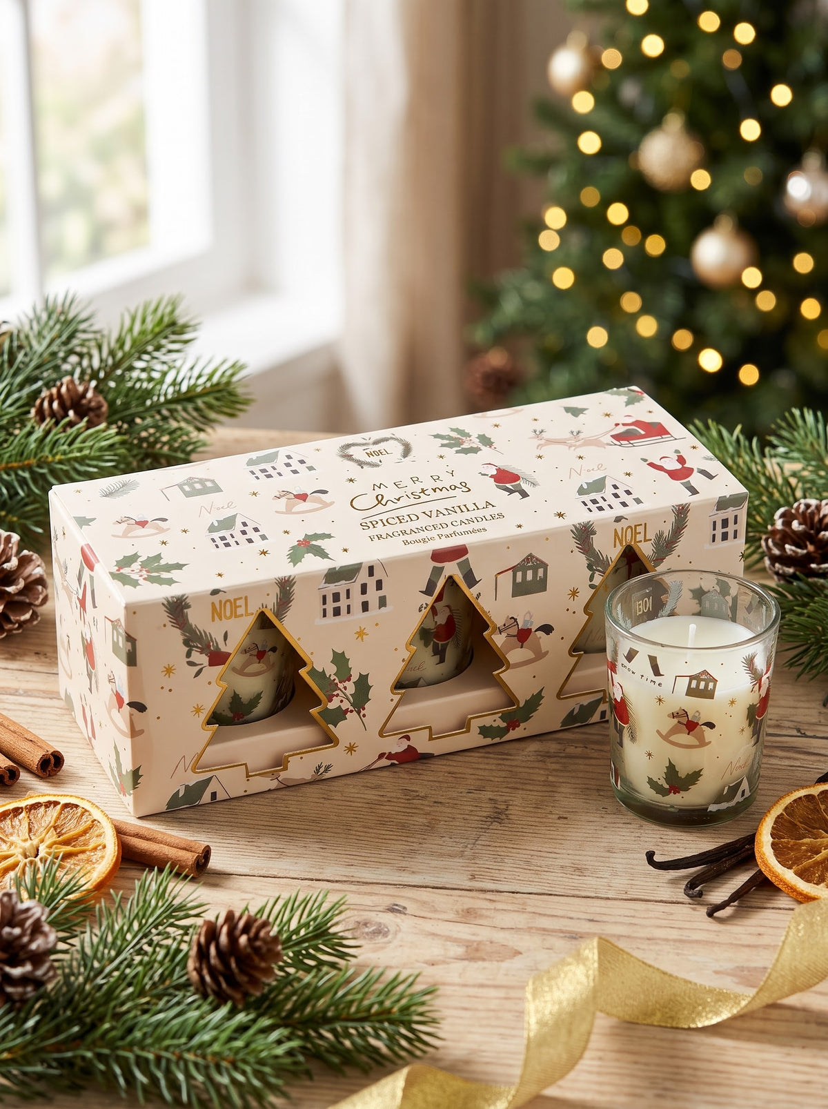 Set of 3 Christmas Spiced Vanilla scented candles in festive holiday gift packaging